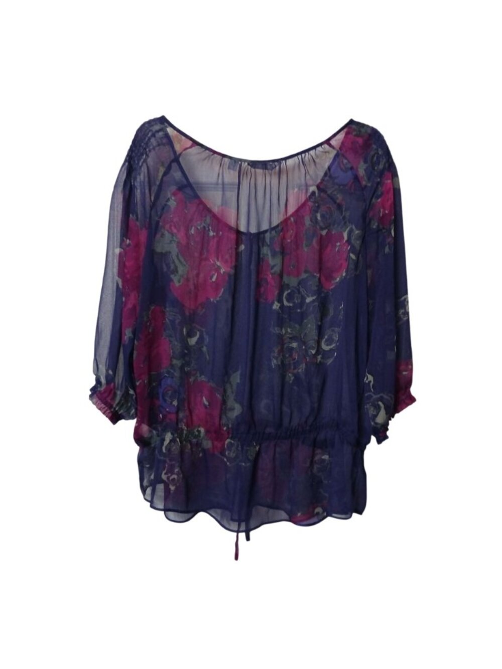 New York & Co Womens XL Sheer Floral Blouse Purple 3/4 Sleeve Drawstring *D-17 - Picture 2 of 11